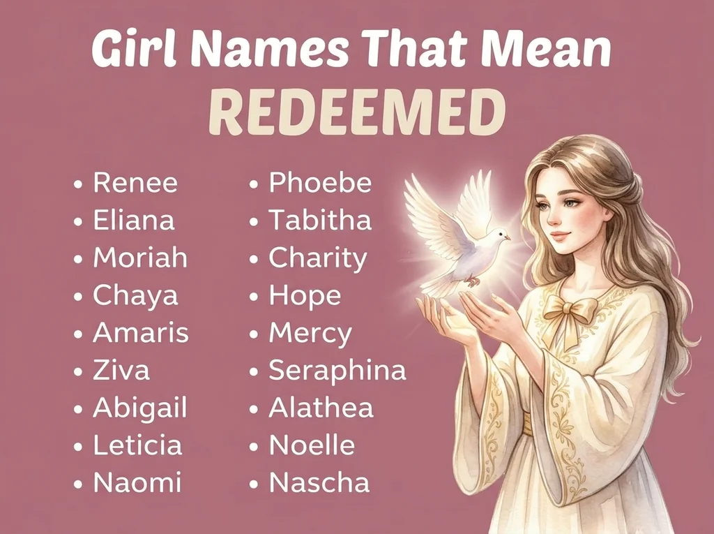 Infographic of girl names that mean redeemed: Renee, Phoebe, Eliana and Tabitha