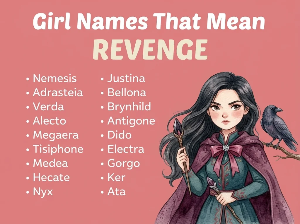 Infographic of girl names that mean revenge: Nemesis, Bellona, Alecto and Megaera