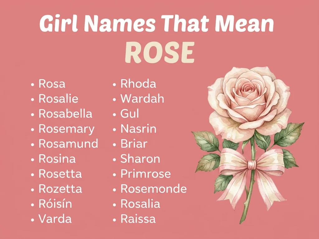 Infographic of girl names that mean rose: Rhoda, Rosalie, Gul and Nasrin