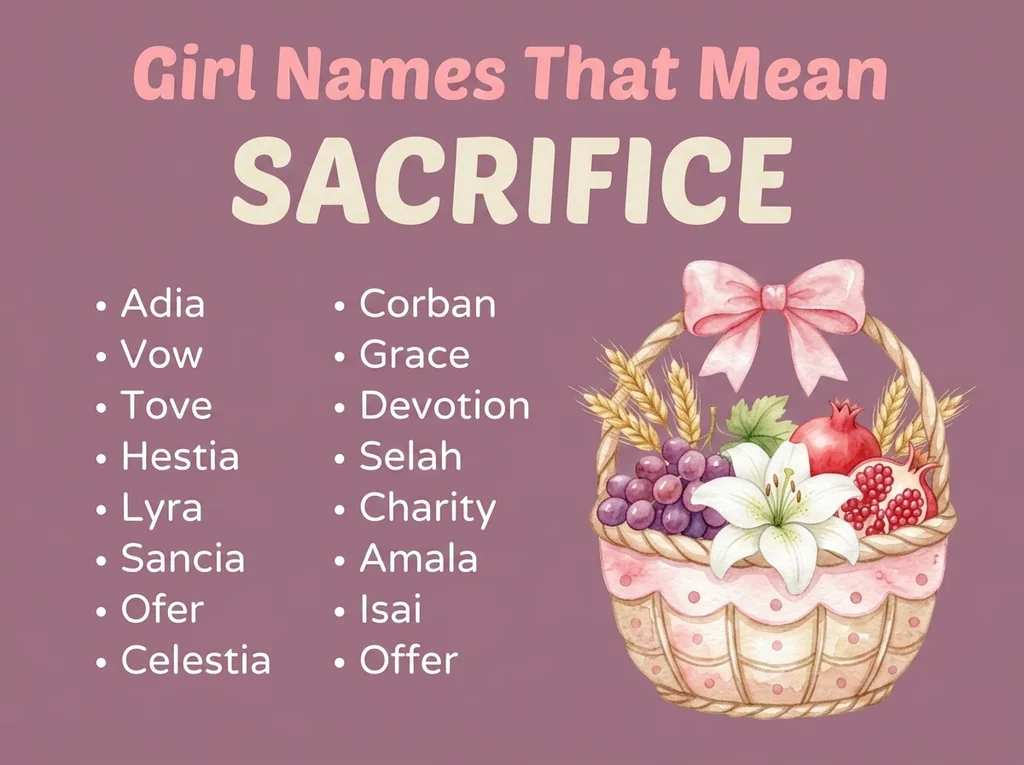 Infographic of girl names that mean sacrifice: Hestia, Corban, Grace and Devotion