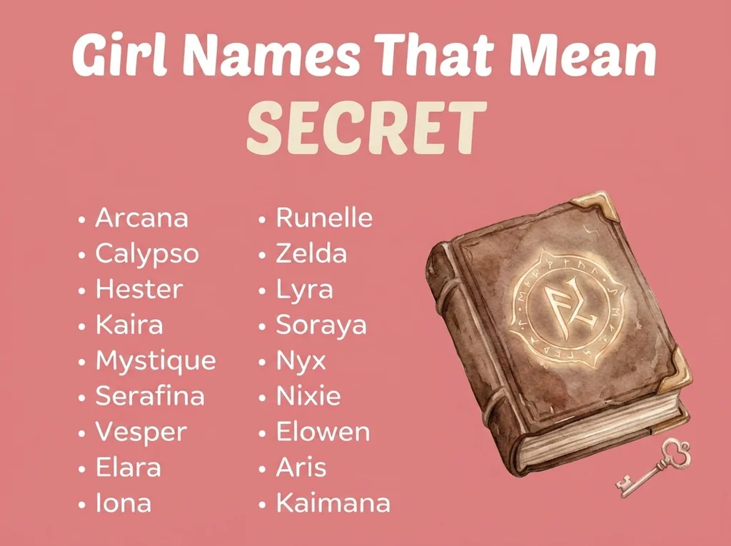 Infographic of girl names that mean secret: Arcana, Mystique, Runelle and Calypso