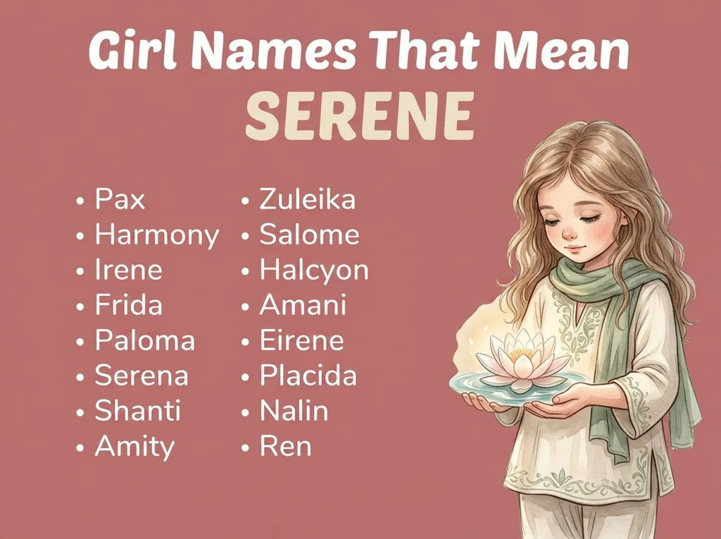 Infographic of girl names that mean serene: Pax, Zuleika, Halcyon and Amani