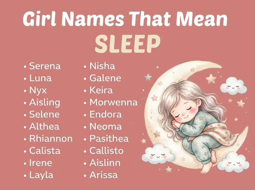 Infographic of girl names that mean sleep: Pasithea, Luna, Aisling and Morwenna