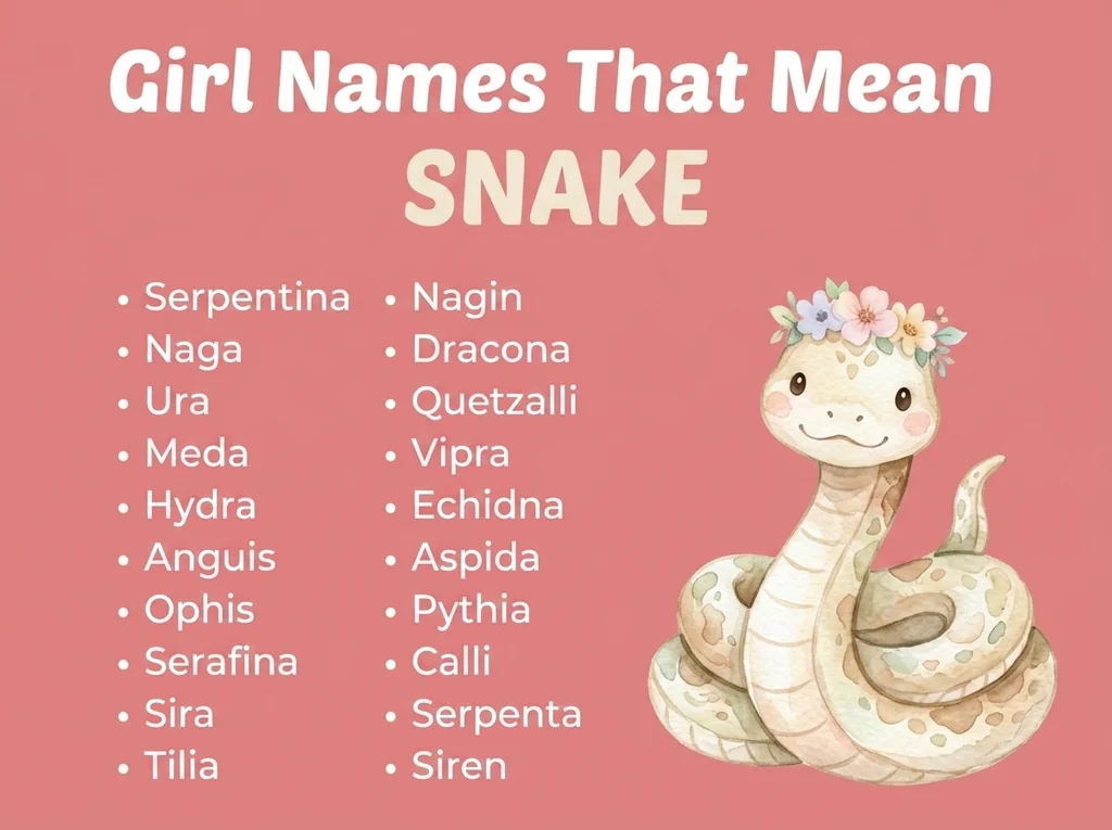 Infographic of girl names that mean snake: Hydra, Echidna, Dracona and Serafina
