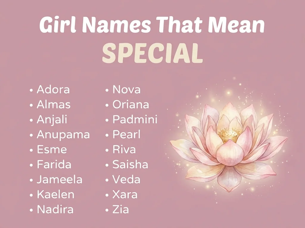 Infographic of girl names that mean special: Farida, Nova, Padmini and Saisha
