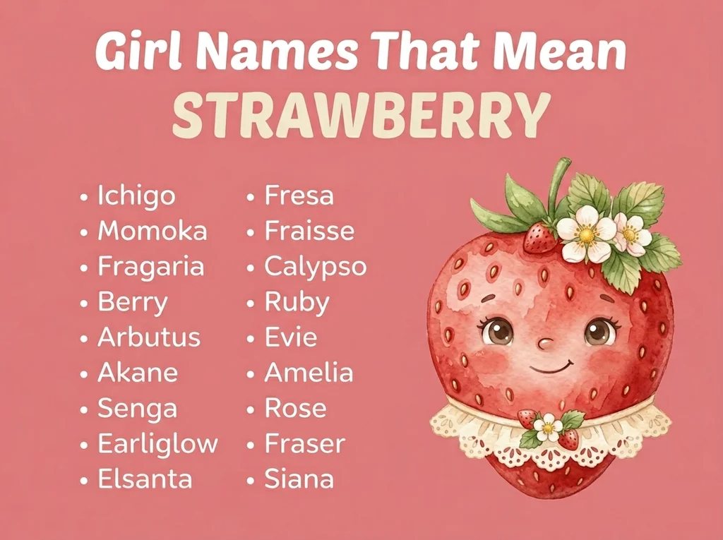 Infographic of girl names that mean strawberry: Fresa, Fragaria, Berry and Momoka