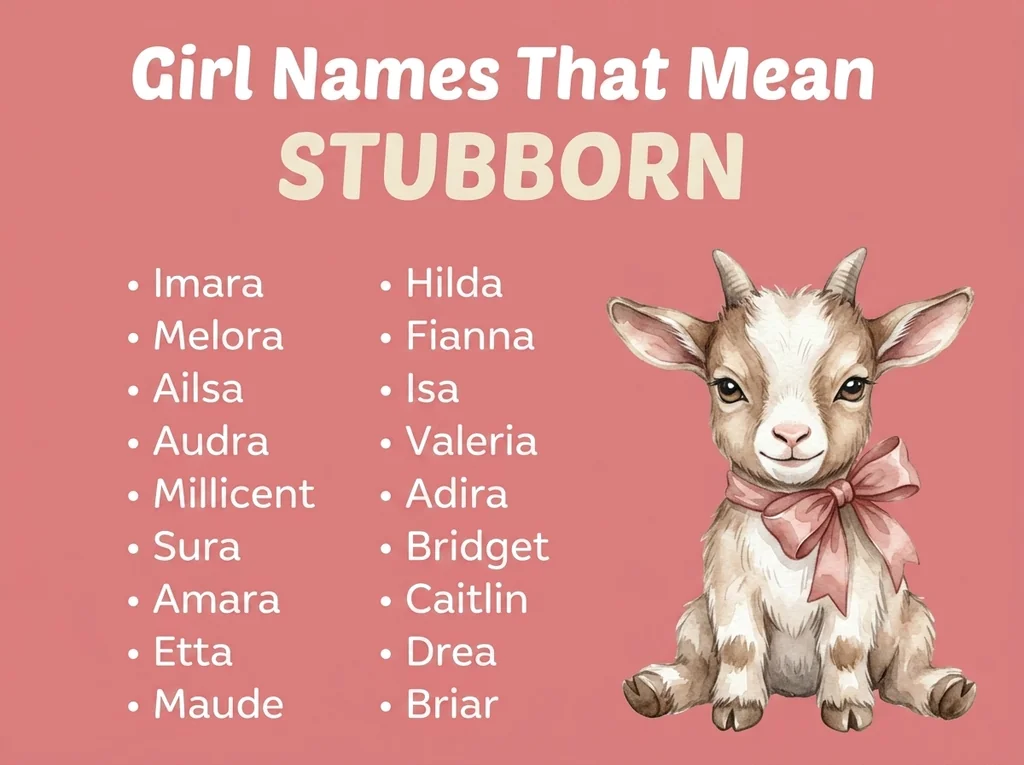 Infographic of girl names that mean stubborn: Hilda, Audra, Millicent and Bridget