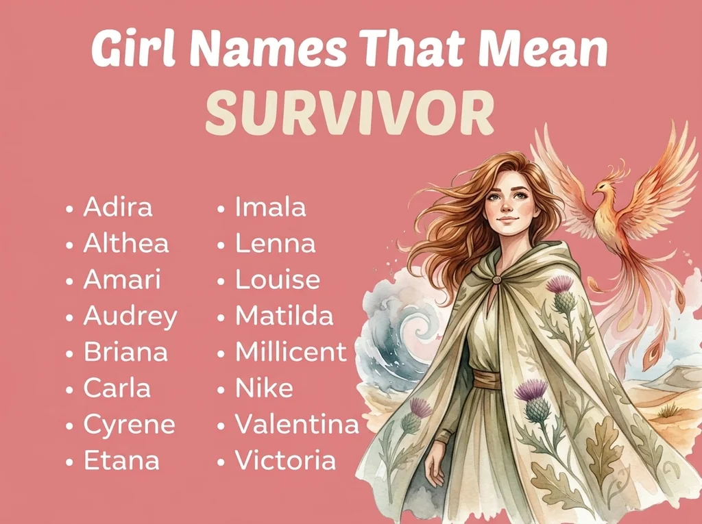 Infographic of girl names that mean survivor: Adira, Lenna, Amari and Nike