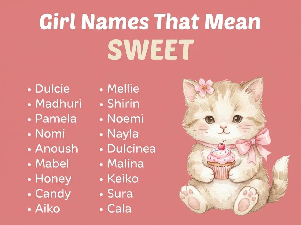 Infographic of girl names that mean sweet: Dulcie, Honey, Anoush and Dulcinea