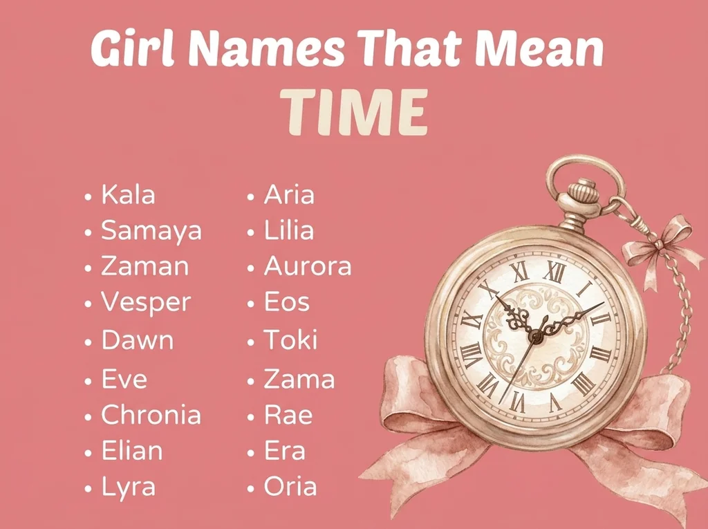 Infographic of girl names that mean time: Kala, Zaman, Samaya and Lilia