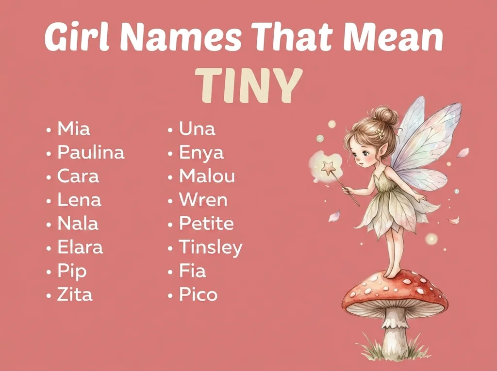 Infographic of girl names that mean small or tiny: Petite, Pip, Una and Paulina