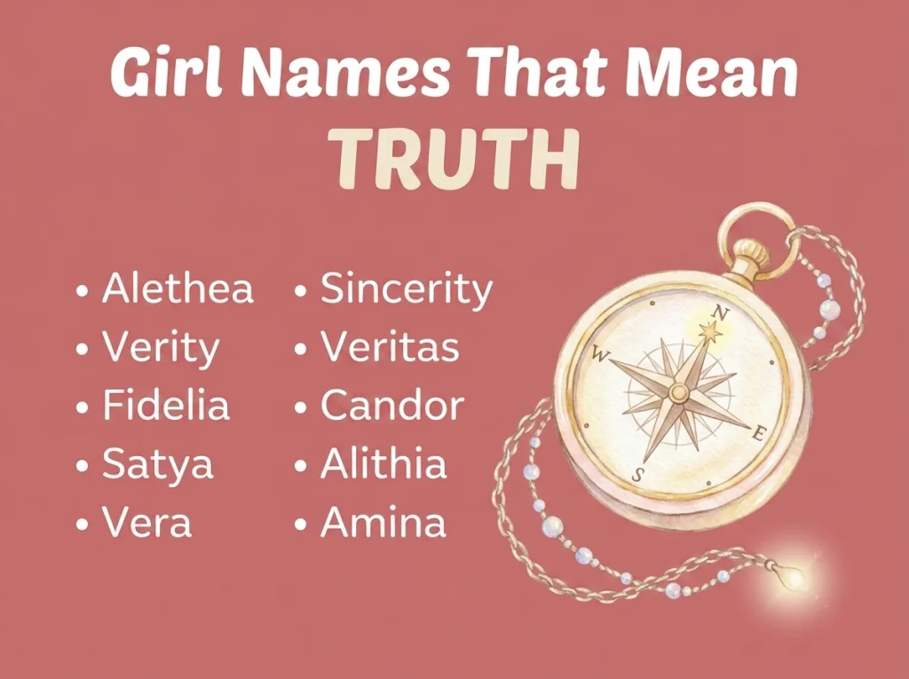 Infographic of girl names that mean truth: Verity, Veritas, Satya and Vera