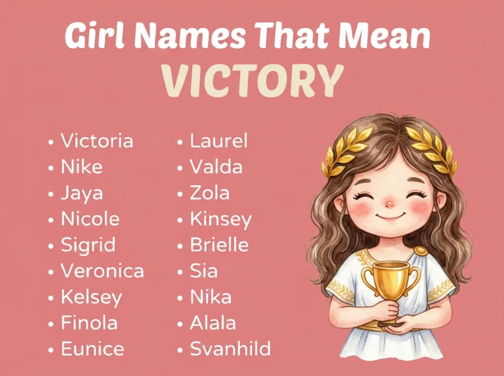 Infographic of girl names that mean victory: Victoria, Nike, Sigrid and Veronica