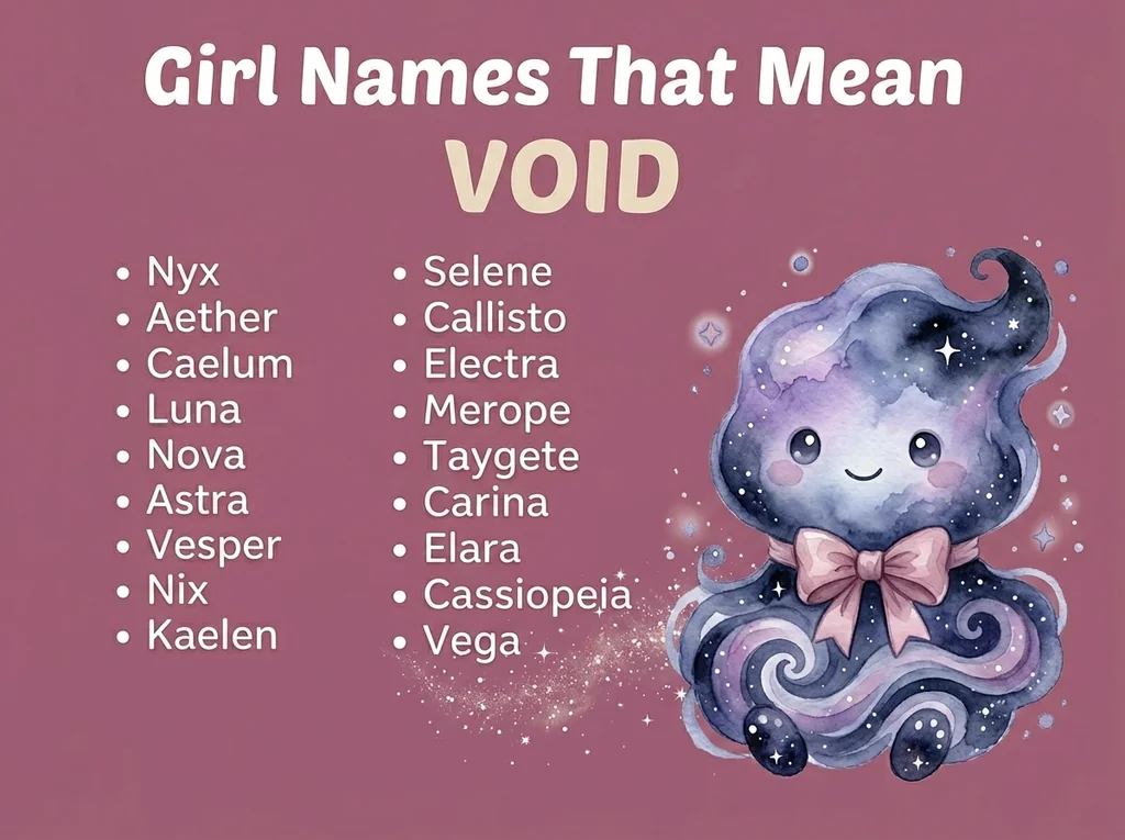 Infographic of girl names that mean void: Selene, Aether, Caelum and Electra