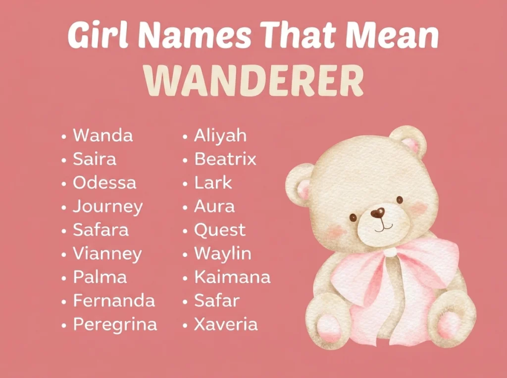 Infographic of girl names that mean wanderer: Journey, Safar, Saira and Beatrix