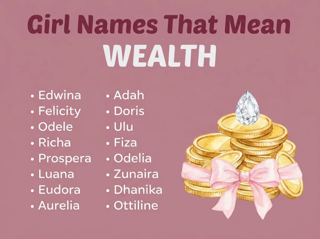 Infographic of girl names that mean wealth: Felicity, Eudora, Dhanika and Aurelia