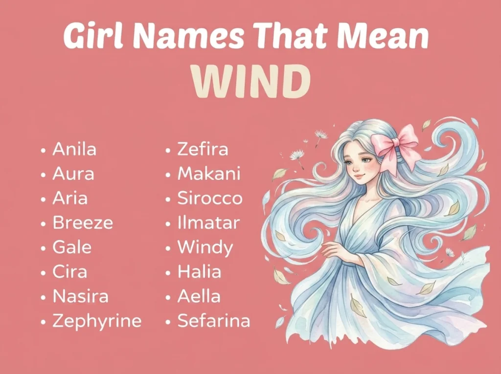 Infographic of girl names that mean wind: Anila, Makani, Aria and Breeze