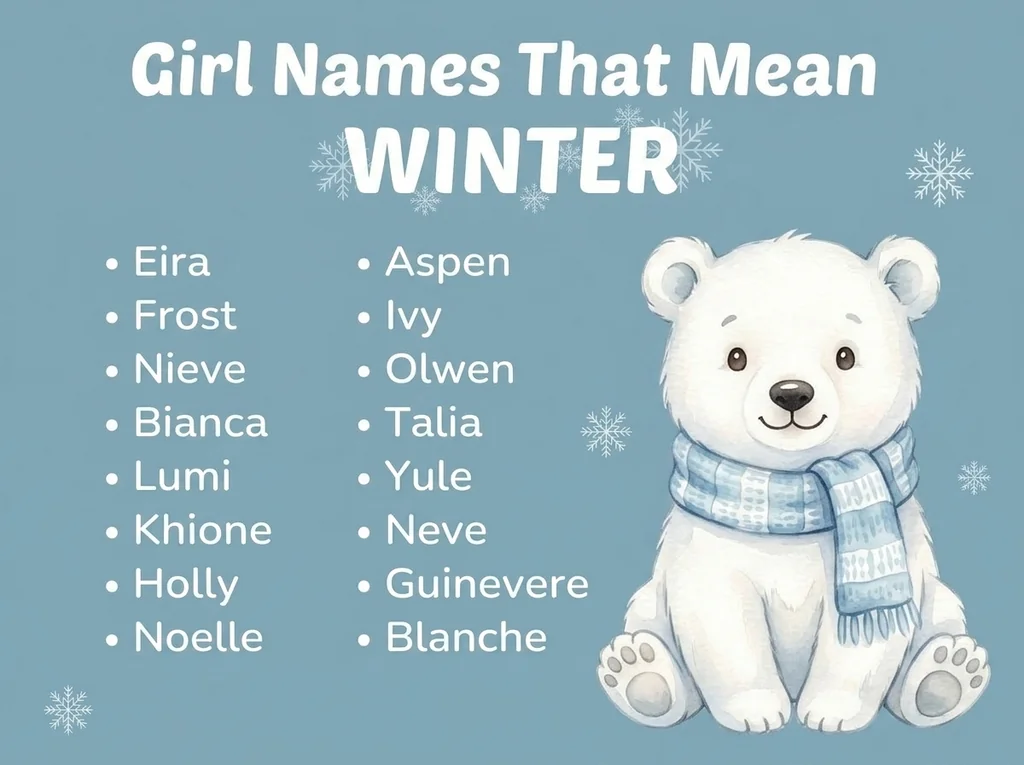 Infographic of girl names that mean winter: Eira, Frost, Lumi and Noelle