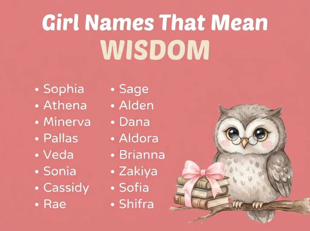 Infographic of girl names that mean wisdom: Sophia, Sage, Athena and Minerva