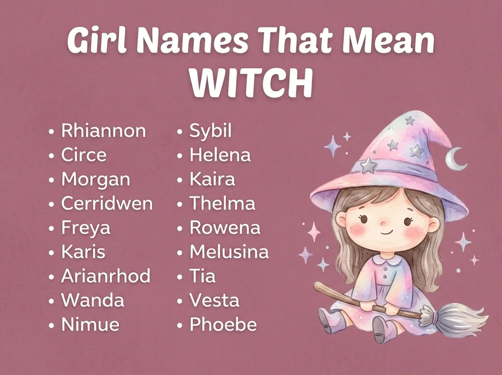 Infographic of girl names that mean witch: Rhiannon, Circe, Morgan and Nimue