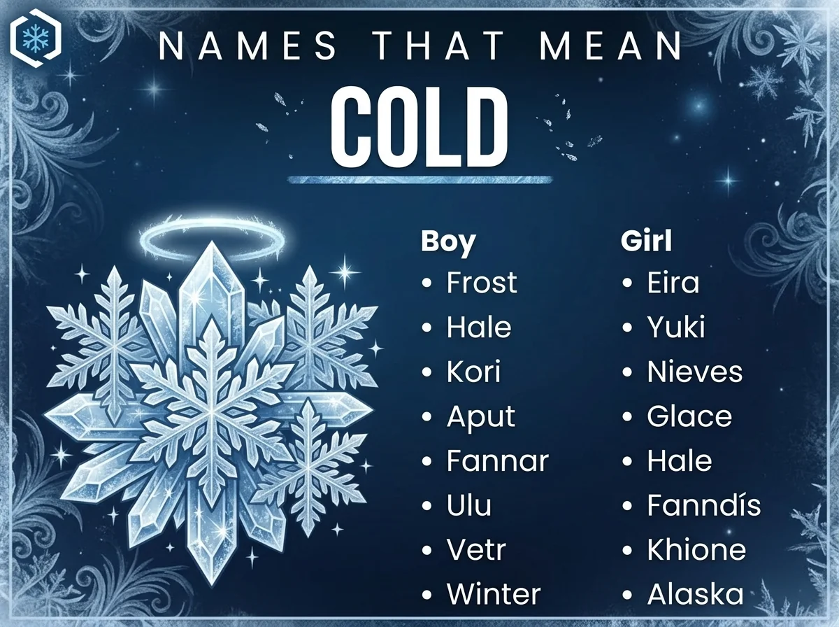 Infographic of boy and girl names that mean cold: Frost, Eira, Yuki and Nieves