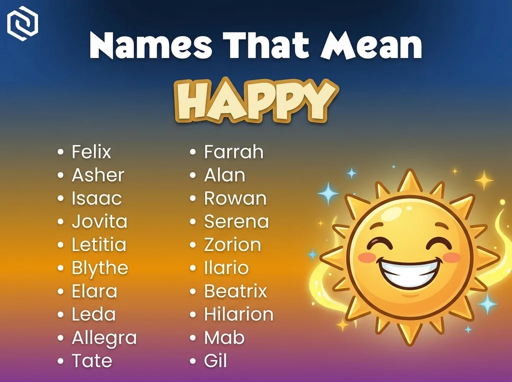 Infographic of baby names that mean happy or joy: Felix, Asher, Rowan and Serena