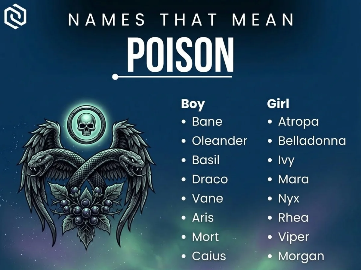 Infographic of boy and girl names that mean poison: Bane, Oleander, Belladonna and Mara
