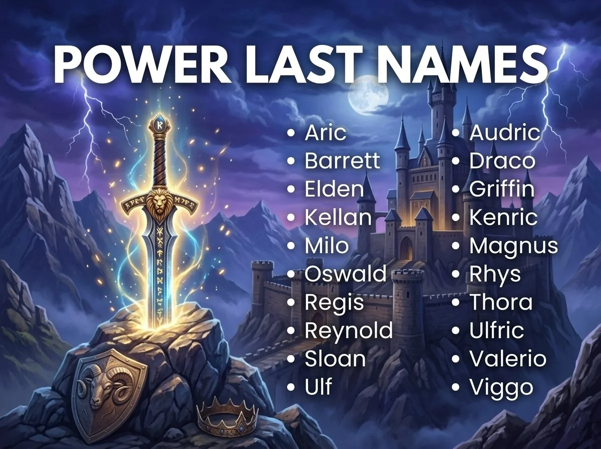 Infographic of last names that mean power: Oswald, Valerio, Aric and Audric