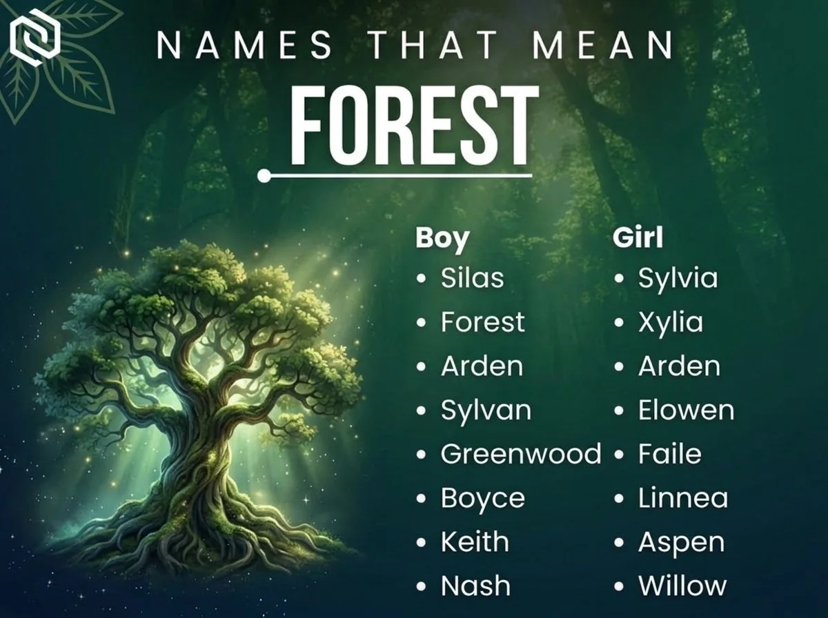 Infographic of boy and girl names that mean forest: Sylvia, Xylia, Arden and Linnea